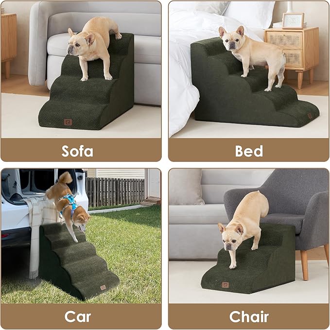 EHEYCIGA Curved Dog Stairs for Small Dogs 15.7" H, 3-Step Dog Steps for Couch Sofa and Chair, Pet Stairs for Cats, Non-Slip Balanced Pet Steps Indoor, Olive Green