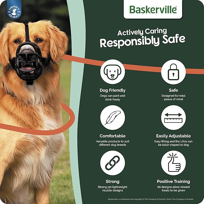 BASKERVILLE ULTRA MUZZLE - Patented Humane Design, Breathable, Dog can Pant and Drink, Adjustable, Padded, Dog Training Muzzle for Small Dogs, Prevents Biting, Wildlife Scavenging (Size 2, Tan)