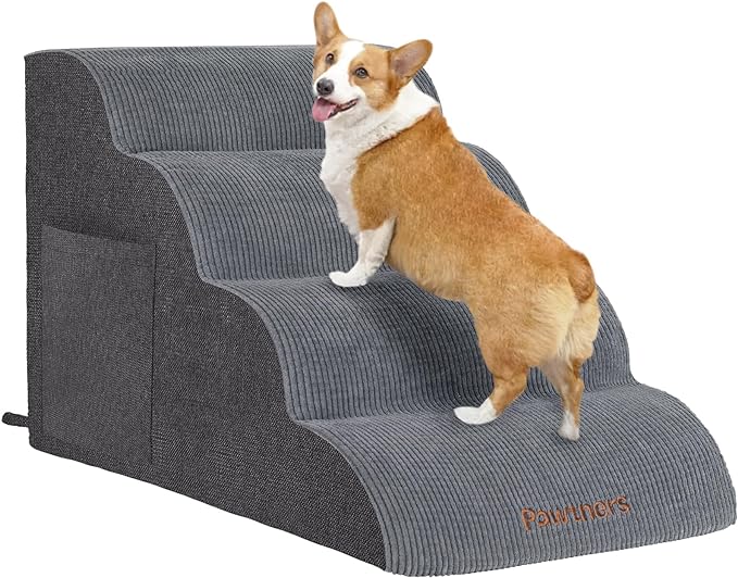 Dog Stairs for Small Dogs: Pawtners 4 Steps 16" Tall Dog Ramp for Bed, Foam Pet Stairs for Large Cat and Medium Dogs, Dog Steps for Dogs to Get on Bed for Couch Sofa Bed Grey