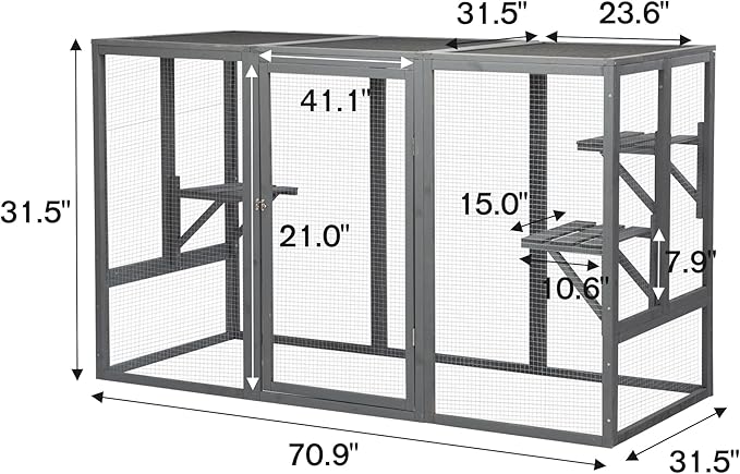 72.5 Inch Wooden Catio Outdoor Cat Enclosure, Luxury Kitty-House with Jumping Platforms & Weatherproof Asphalt Roof, Walk-in Kitty Kennel Condo Shelter