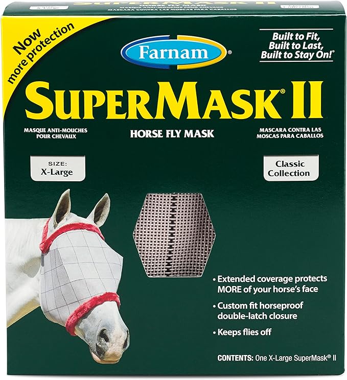 Farnam SuperMask II Fly Mask Without Ears for Larger Horses, Full Face Coverage and Eye Protection from Insect Pests, Structured Classic Styling Mesh with Plush Trim, XL Size