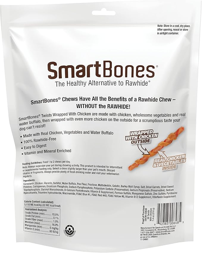 Smartbones Twists Wrapped with Chicken Made with Real Water Buffalo, 30 Count, Rawhide-Free Chews for Dogs, 7.40 Ounce (Pack of 1)