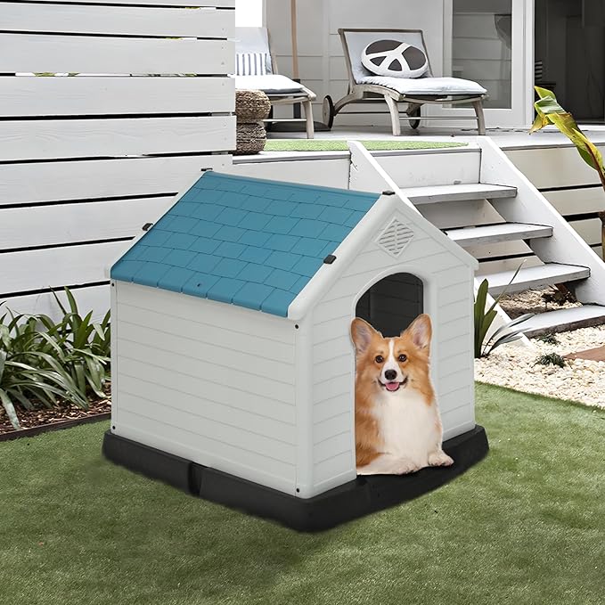 MoNiBloom 32.5 Inch Insulated Dog House for Small to Large Dogs, Waterproof Dog Shelter with Air Vents and Elevated Floor, All Weather Indoor Outdoor Plastic Doghouse, Easy Assembly