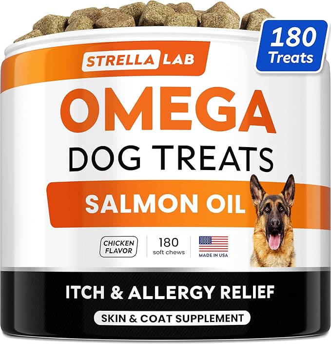 StrellaLab Fish Oil Omega 3 Treats for Dogs (180 Treats) - Allergy & Itch Relief - Skin & Coat Supplement - Joint Health - Wild Alaskan Salmon Oil - Shedding, Itchy Skin Relief - Omega 3 6 9 - EPA&DHA