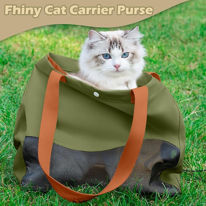 Fhiny Cat Purse Carrier, Small Dog Carrier Tote Breathable Mesh Pet Carrier Bag Soft Sided Adjustable & Foldable Kitten Travel Bag for Cats Kittens Rabbits Small Dogs Shopping Travel (Green)