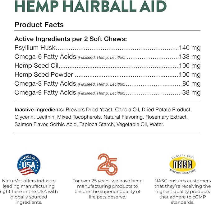 NaturVet Hemp Hairball Aid Plus Hemp Seed for Cats, 60 ct Soft Chews, Made in The USA