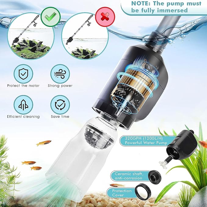 AQQA Aquarium Vacuum Gravel Cleaner Electric Fish & Turtle Tank Water Changer 6 in 1 Multi-functional Aquarium Cleaning Tools Set for Water Cleaning & Circulation (20W, 320GPH)