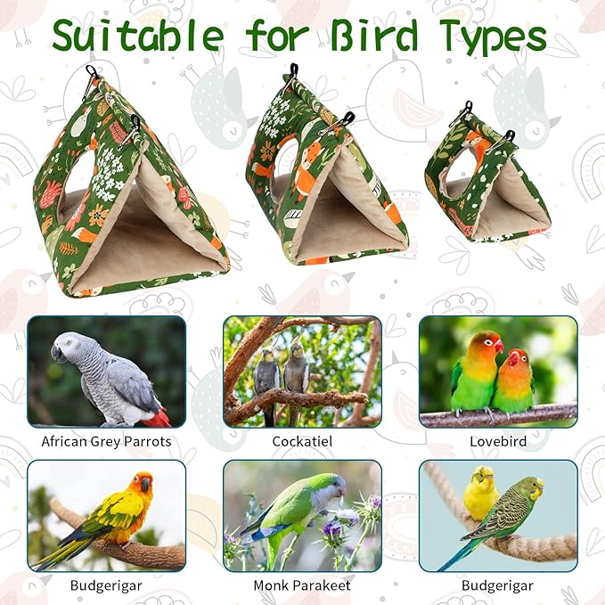 Rypet Winter Warm Bird Nest House - Hanging Hammock Velvet Shed Hut Cage Plush Fluffy Birds Hideaway Sleeping Bed Fuzzy for African Grey Cockatoo and Other Amazon Parrot Large（Green）