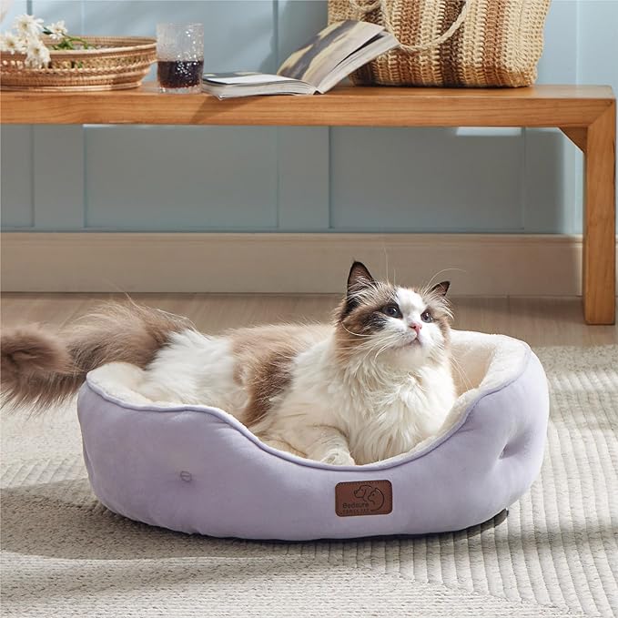 Bedsure Dog Beds for Small Dogs - Round Cat Beds for Indoor Cats, Washable Pet Bed for Puppy and Kitten with Slip-Resistant Bottom, 20 Inches, Misty Lilac