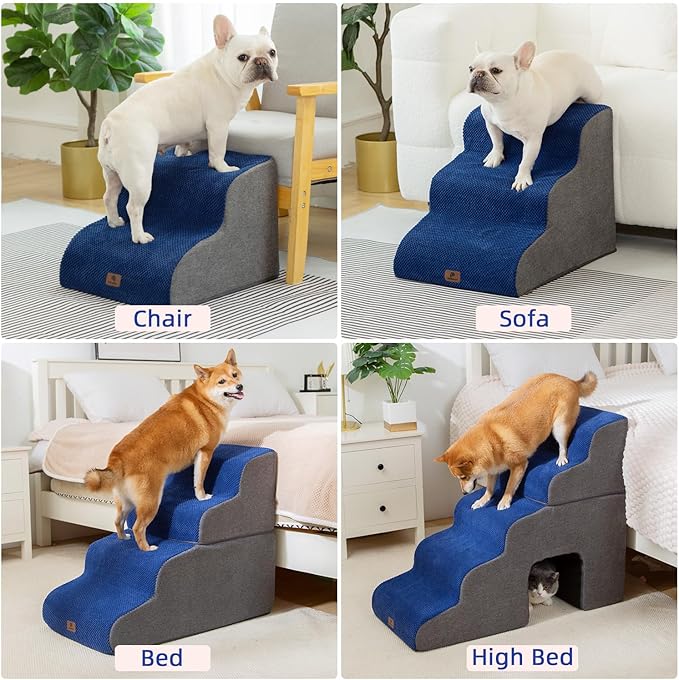 Dog Stairs Ramp for High Beds and Couch,Curved Dog Steps for Small Dogs and Cats Pet Stairs Non-Slip Balanced Portable Pet Step Indoor, 4 Steps,Navy Blue