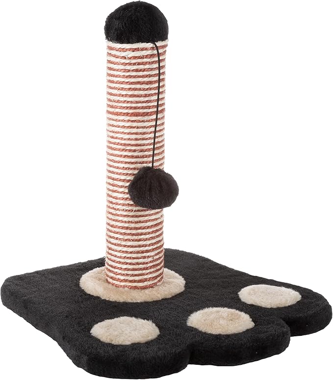 Cat Scratching Post ? Sisal Fabric and Carpet Small Cat Tree, Paw Shaped Base, Hanging Ball Toy for Adult Cats and Kittens by PETMAKER (Black/Tan)