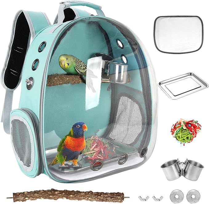 Bird Carrier Backpack Travel Cage with Perch, Breathable Clear Parrot Cockatiel Cage with Toy Stainless Steel Food Bowl Tray for Conures Parakeet Budgie Canary Lovebirds, Small Animal Pet Carrier Bag