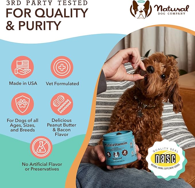 Natural Dog Company Multivitamin Chews (90 Pieces), Dog Vitamins and Supplements, Peanut Butter & Bacon Flavor, for Dogs of All Ages, Sizes, & Breeds, Supports Immune System, Antioxidant