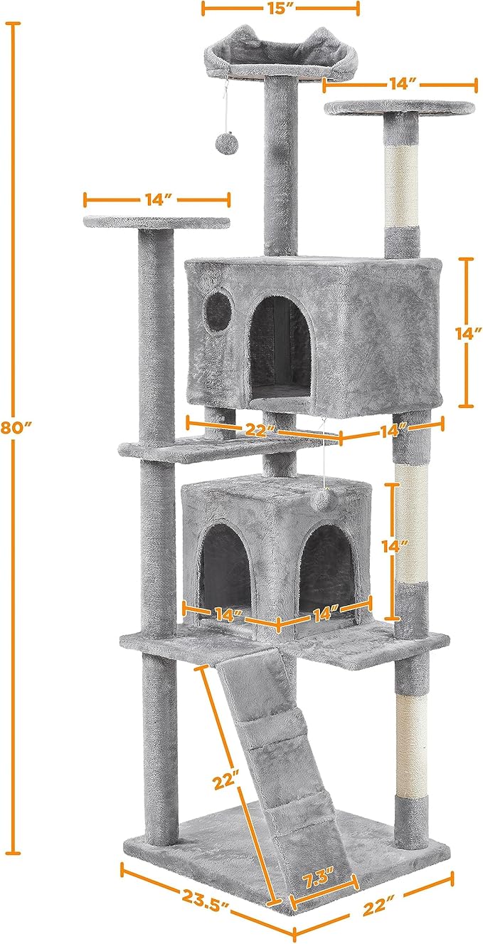 Yaheetech Tall Cat Tree, 80in Multi-Level Cat Tower with Cat Scratching Posts, Double Cat Caves, Perched Platforms and Dangling Balls, Cat Stand House for Kittens Pet, Light Gray