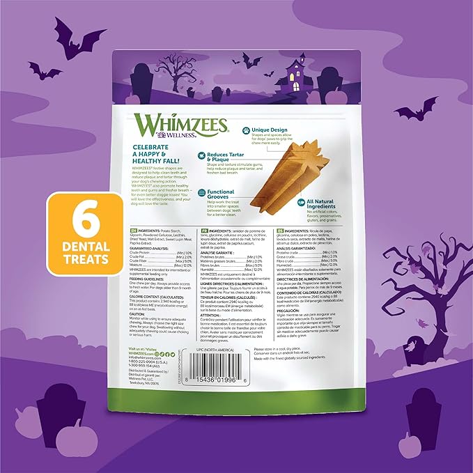 Whimzees by Wellness Halloween Natural Dental Chews for Dogs, Long Lasting Treats, Grain-Free, Freshens Breath, Medium Breed, 6 count