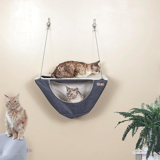 K&H Pet Products Wall Mount Cat Shelf Plus Cat Hammock for Large Cats, Kitten & Adulate Wall Cat Tree Furniture Activity Center Playground for Indoor Cats - Single Shelf Gray/Natural 23 X 12 Inches