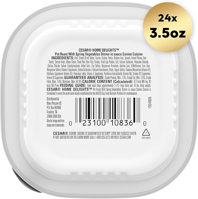 CESAR HOME DELIGHTS Adult Wet Dog Food Pot Roast with Spring Vegetables Dinner in Sauce, 3.5 oz. Easy Peel Trays, Pack of 24