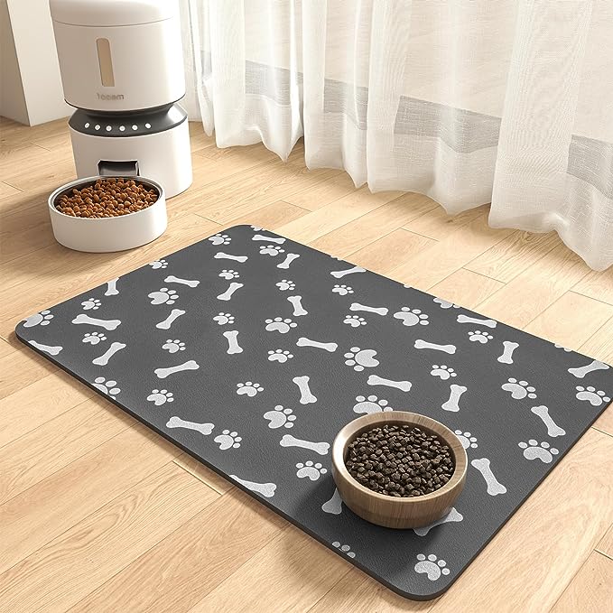 Pet Feeding Mat-Absorbent Dog Food Mat-Dog Mat for Food and Water-No Stains Quick Dry Dog Water Dispenser Mat-Pet Supplies-Dog Placemat Dog Water Bowl for Messy Drinkers 12"X19" DARK GREY