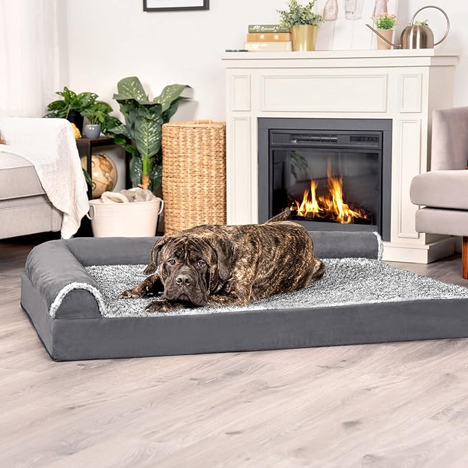 Furhaven Cooling Gel Dog Bed for Large Dogs w/ Removable Bolsters & Washable Cover, For Dogs Up to 125 lbs - Two-Tone Plush Faux Fur & Suede L Shaped Chaise - Stone Gray, Jumbo Plus/XXL