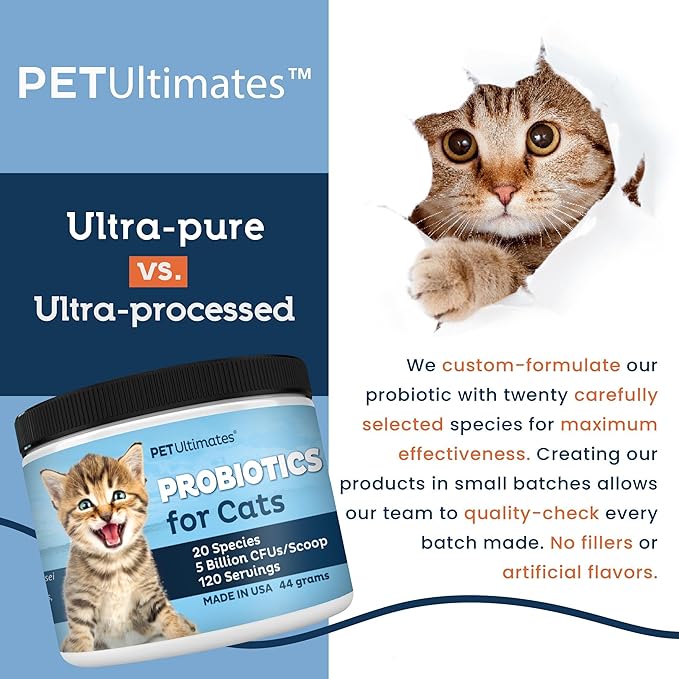 Pet Ultimates Probiotics for Cats – 20-Species Cat Probiotic Powder to Treat Diarrhea, Vomiting, Digestive Support & Cat Antibiotics Recovery – Cat Health Supplies (44 gr)