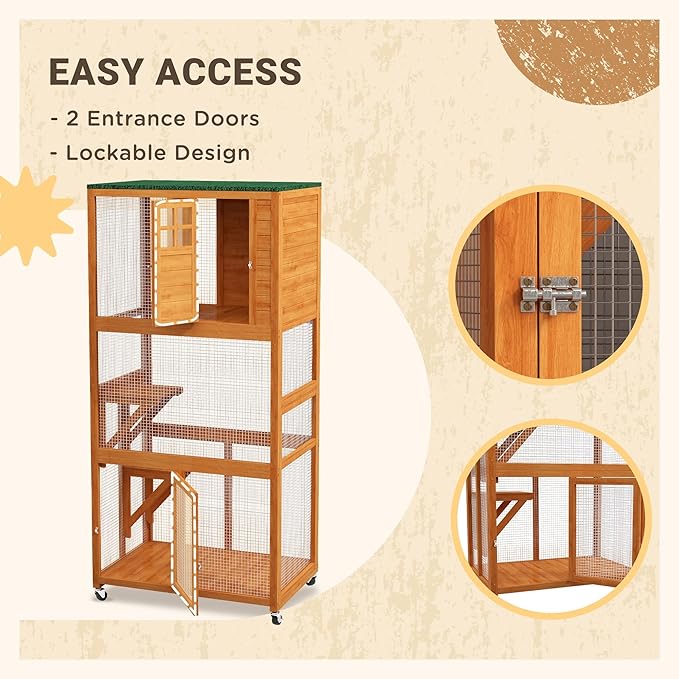 74 Inch Wooden Catio Outdoor Cat Enclosure on Wheels, Luxury Kitty-House with Resting House, 2 Jumping Platforms & Weatherproof Asphalt Roof, Kitty Condo Cage Shelter Playpen