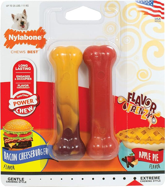 Nylabone Power Chew Flavor Frenzy Bone Chew Toy for Dogs, Indestructible Chew Toys for Aggressive Chewers, Bacon Cheeseburger & Apple Pie Flavor, Small/Regular - Up to 25 Ibs. (2 Count)