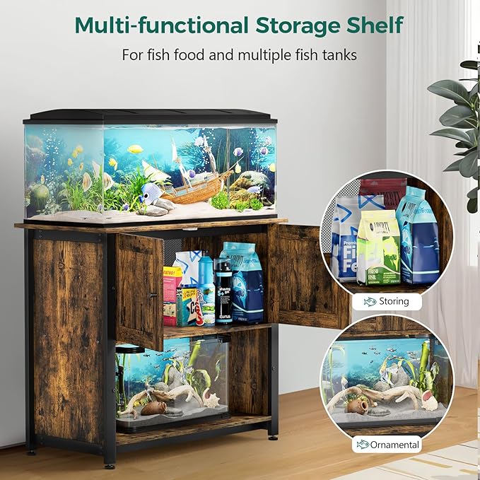 40-50 Gallon Fish Tank Stand with Cabinet, Metal Aquarium Stand for Accessories Storage, Reptile Tank Turtle Terrariums Table Bearable 1000LBS, Accommodates 2 Aquariums