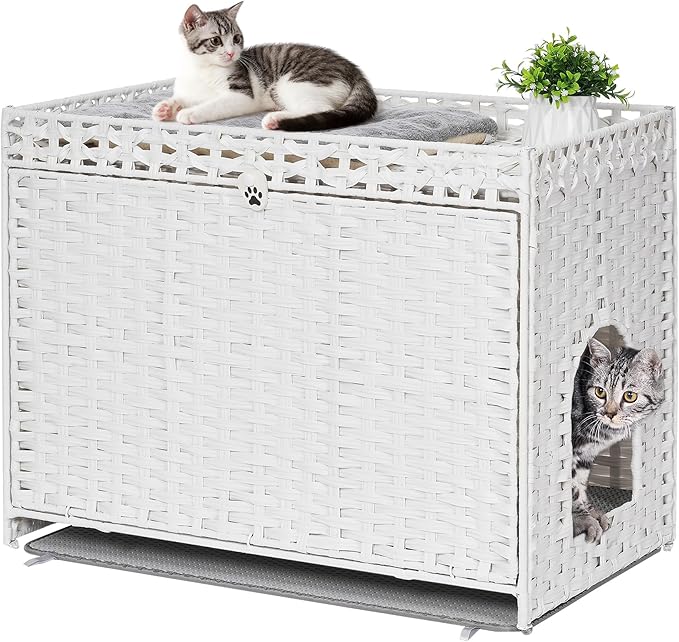 Cat Litter Box Enclosure with Soft Litter Mat; Hidden Cat Washroom Furniture with Door; Handwoven Rattan Cat House with Large Space; Pet Crate for Living Room, Bedroom, Balcony (White)