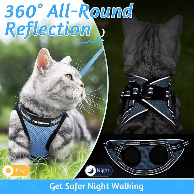 rabbitgoo Cat Harness and Leash Set for Walking Escape Proof, Adjustable Soft Kittens Vest with Reflective Strip for Cats, Comfortable Outdoor Vest, Light Blue, S