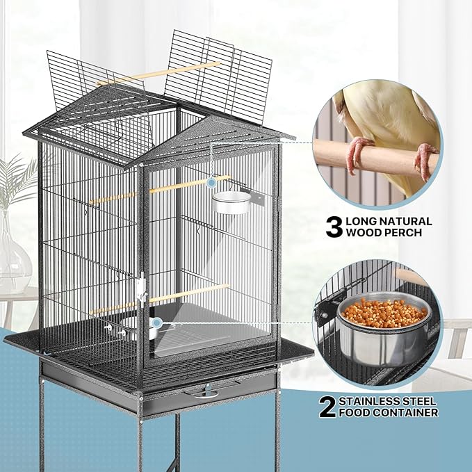 MoNiBloom 54 Inch Bird Cage w/Acrylic Door, Open Top Roof Birdcage for Finches Canaries Lovebirds Medium Small Parrots, Flight Birdcage w/Rolling Stand, Black