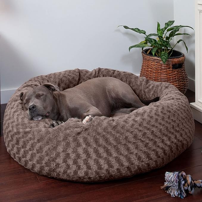 Furhaven 40" Round Donut Dog Bed for Large/Medium Dogs, Refillable w/ Removable Washable Cover, For Dogs Up to 75 lbs - Curly Faux Fur Donut Bed - Cocoa Dust, Large