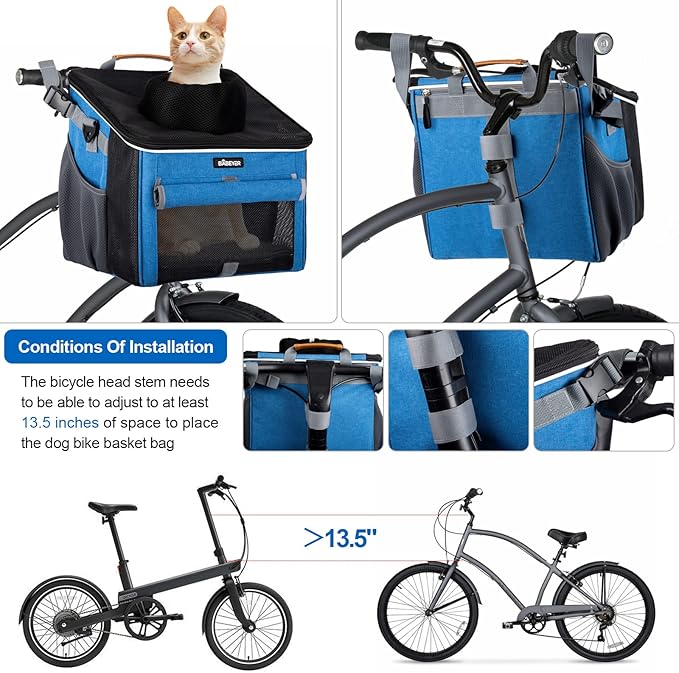 Dog Bike Basket, Soft-Sided Pet Bike Carrier with 4 Mesh Windows for Small Dog Cat Puppies - Blue