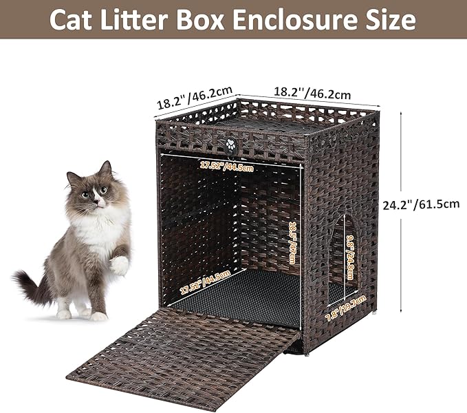 Cat Litter Box Enclosure with Soft Litter Mat; Hidden Cat Washroom Furniture with Door; Handwoven Rattan Cat House; Pet Crate for Living Room, Bedroom, Balcony (Brown)