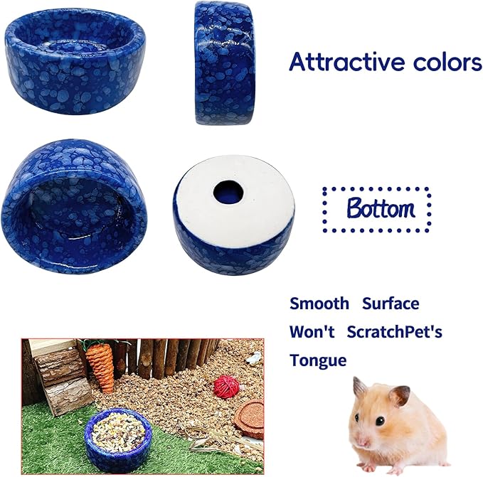 kathson 4 Pcs Hamster Food Bowl Guinea Pig Ceramic Water Bowl Small Animal Feeding Dish for Dwarf Hamster Gerbil Syrian Ferret Hedgehog Chinchilla Bunny (Navy)