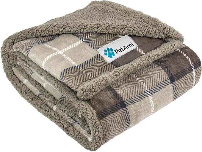 PetAmi WATERPROOF Dog Blanket for Medium Large Dog, Pet Puppy Blanket Couch Cover Protection, Sherpa Fleece Cat Blanket, Sofa Bed Furniture Protector Reversible Soft Plush Washable 60x40 Plaid Taupe