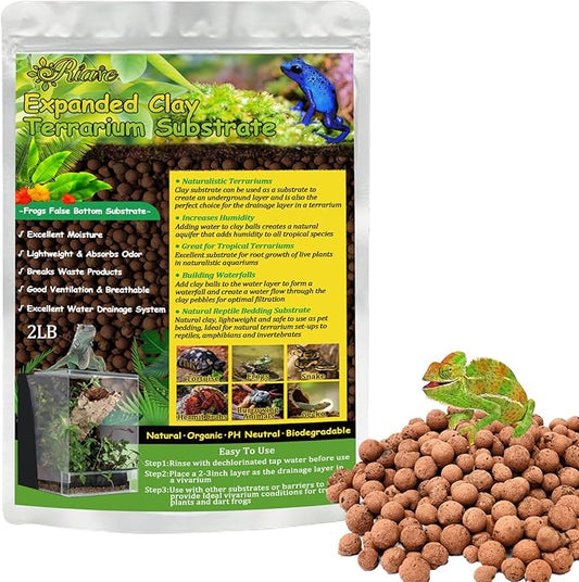 2LBS Expanded Clay Balls Terrarium Substrate for Reptiles - 100% Organic Lightweight Clay Pebbles Substrate Frogs False Bottom Substrate, Bioactive Terrarium Substrate for Drainage and Moisture