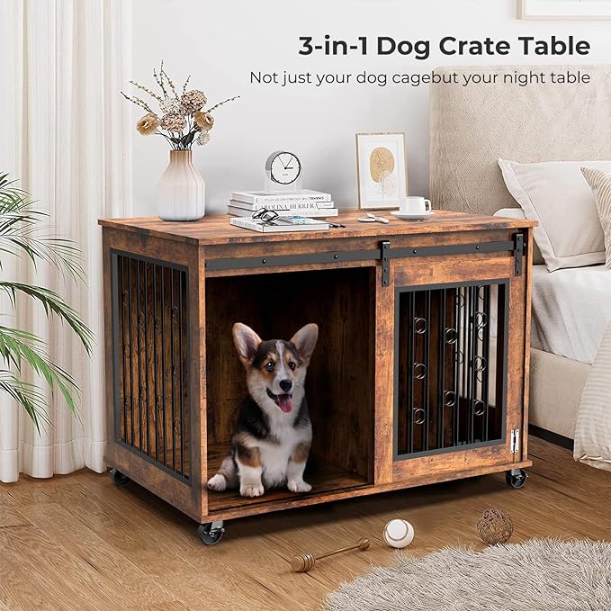 Furniture Style Dog Crate End Table with Sliding Barn Door, Indoor Dog Kennel Furniture with Removable Divider for 2 Small to Medium Pets, Brown, 39.37''W×25.2''D×28.94''H