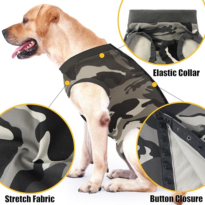 Dog Recovery Suit Abdominal Wound Puppy Surgical Clothes Post-Operative Vest Pet After Surgery Wear Substitute E-Collar & Cone(XL, Camouflage)