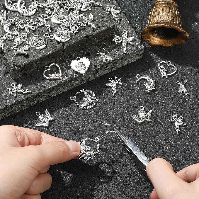 Stiesy 100 Pcs Tibetan Style Alloy Angel Charm Vintage Love Heart Cupid Charms for DIY Necklace Bracelet Jewelry Making Accessories