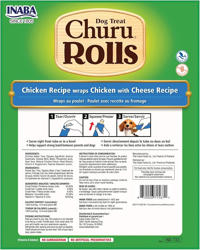 INABA Churu Rolls for Dogs, Soft & Chewy Baked Chicken Wrapped Filled Dog Treats with Vitamin E, 0.42 Ounces Each Stick, 64 Sticks (8 per Pack), Chicken with Cheese Recipe