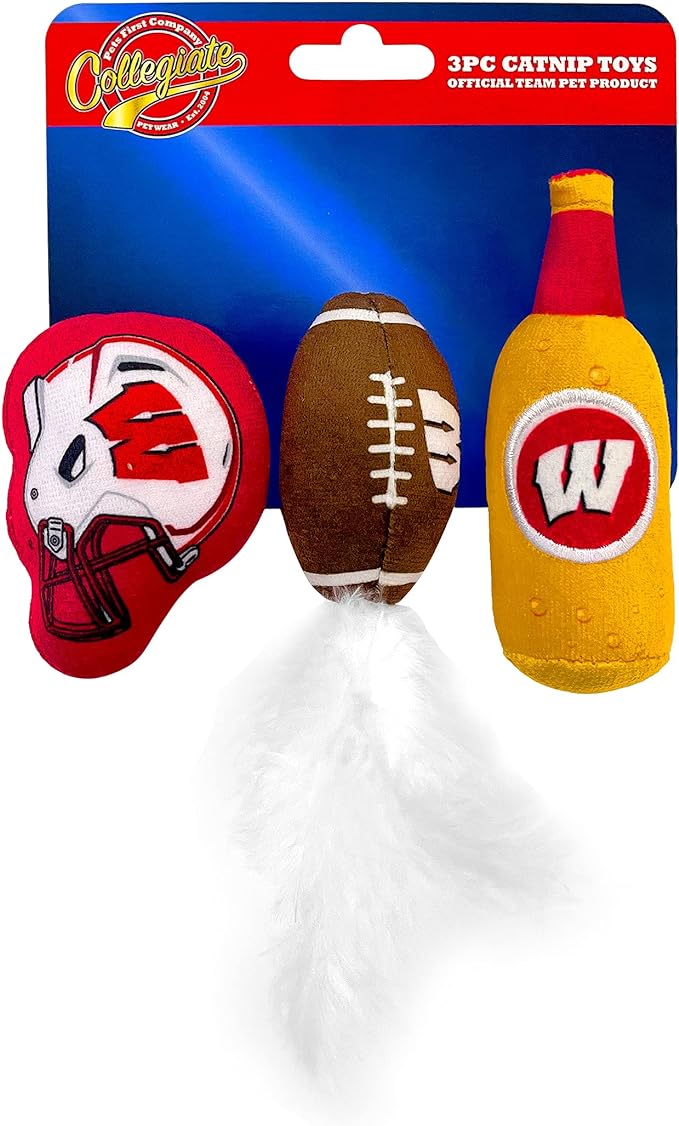 BEST PLUSH CAT TOY - NCAA WISCONSIN BADGERS Complete Set of 3 piece Cat Toys filled with Fresh Catnip. Includes: 1 Helmet Cat Toy, 1 Football Cat Toy with Feathers & 1 Beer Bottle. Beautiful Team LOGO