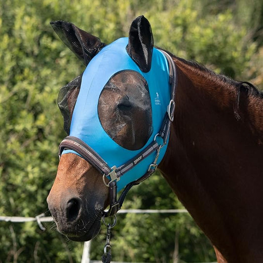 Harrison Howard Super Comfort Stretchy Fly Mask Large Eye Space with UV Protection Soft on Skin with Breathability Azure Blue M Cob