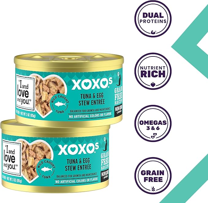 I AND LOVE AND YOU" XOXOs Canned Wet Cat Food, Tuna and Egg Stew, Grain Free, Real Meat, No Fillers, 3 oz Cans, Pack of 24 Cans