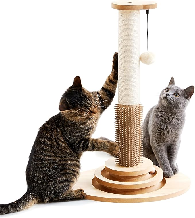 Made4Pets Cat Scratching Post, 23" Tall Sisal Scratcher Post with Cat Self Groomer, 4-in-1 Interactive Trackball Toys with Cat Hair Brush, Vertical Cat Climbing Tree with Dangling Plush Balls