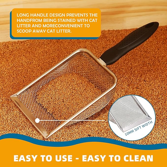 Cat Litter Scooper with Holder,Sturdy Litter Cleaner Corner Shovel,Stainless Steel Mesh Litter Scoop,Easy to Clean,Non-Slip Handle,Suitable for All cat Litter