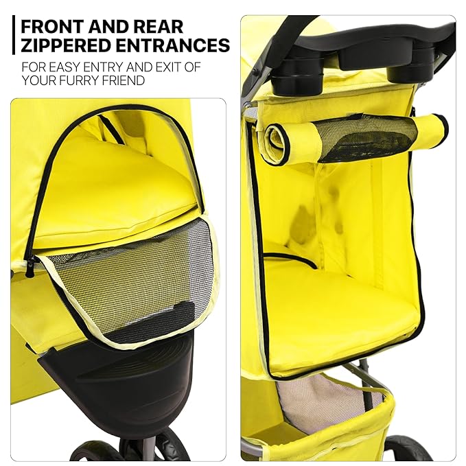 MoNiBloom Foldable Pet Stroller with Waterproof Cover, 3-Wheels Dog Strolling Cart for Small/Medium Dogs and Cats with Storage Basket and Cup Holder, Breathable and Visible Mesh for All-Season, Yellow