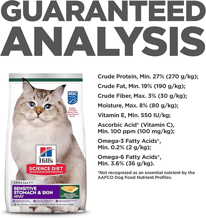 Hill's Science Diet Sensitive Stomach & Skin, Adult 1-6, Stomach & Skin Sensitivity Support, Dry Cat Food, Pollock & Barley, 3.5 lb Bag