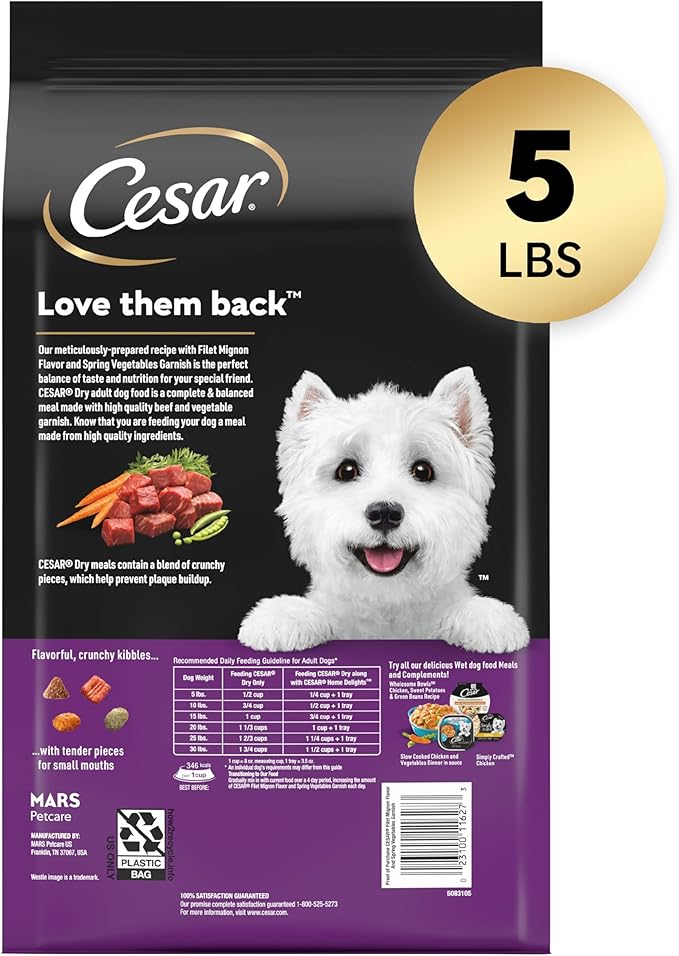 CESAR Adult Small Breed Dry Dog Food, Filet Mignon Flavor with Spring Vegetables Garnish, 5 lb. Bag