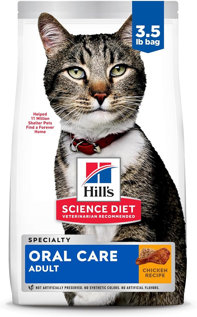 Hill's Science Diet Oral Care, Adult 1-6, Plaque & Tartar Buildup Support, Dry Cat Food, Chicken Recipe, 3.5 lb Bag