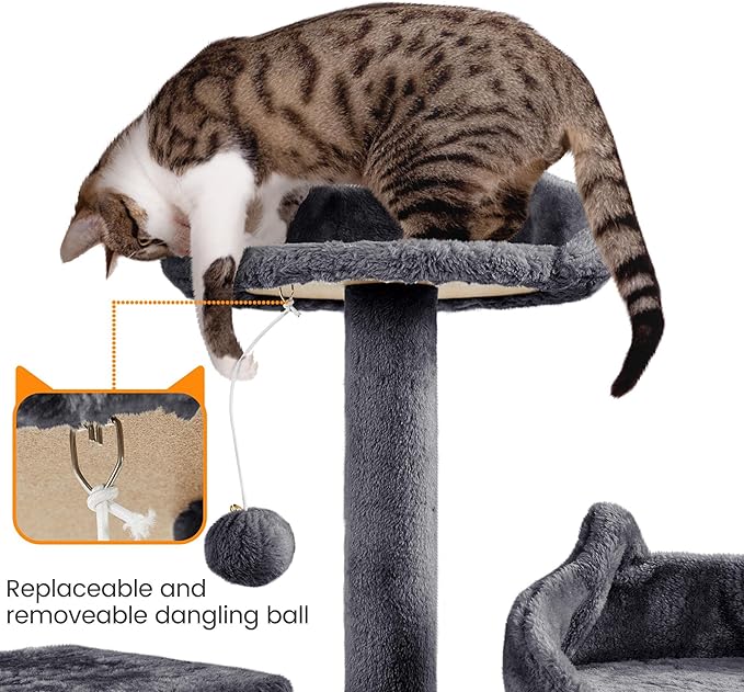 Yaheetech XL Cat Tree, 72in Multi-Level Cat Tower with 2 Cozy Caves, 3 Soft Perches, Scratching Posts, Board, and Dangling Ball, Cat Furniture Cat Play House Kittens, Dark Gray